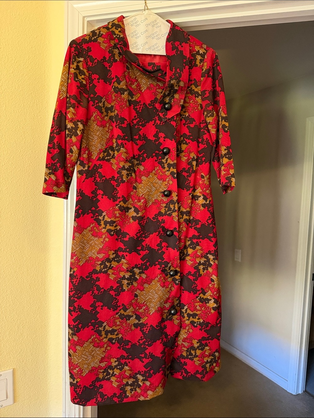 Vintage Wynette Red Patterned Long-Sleeve Button-Front Dress